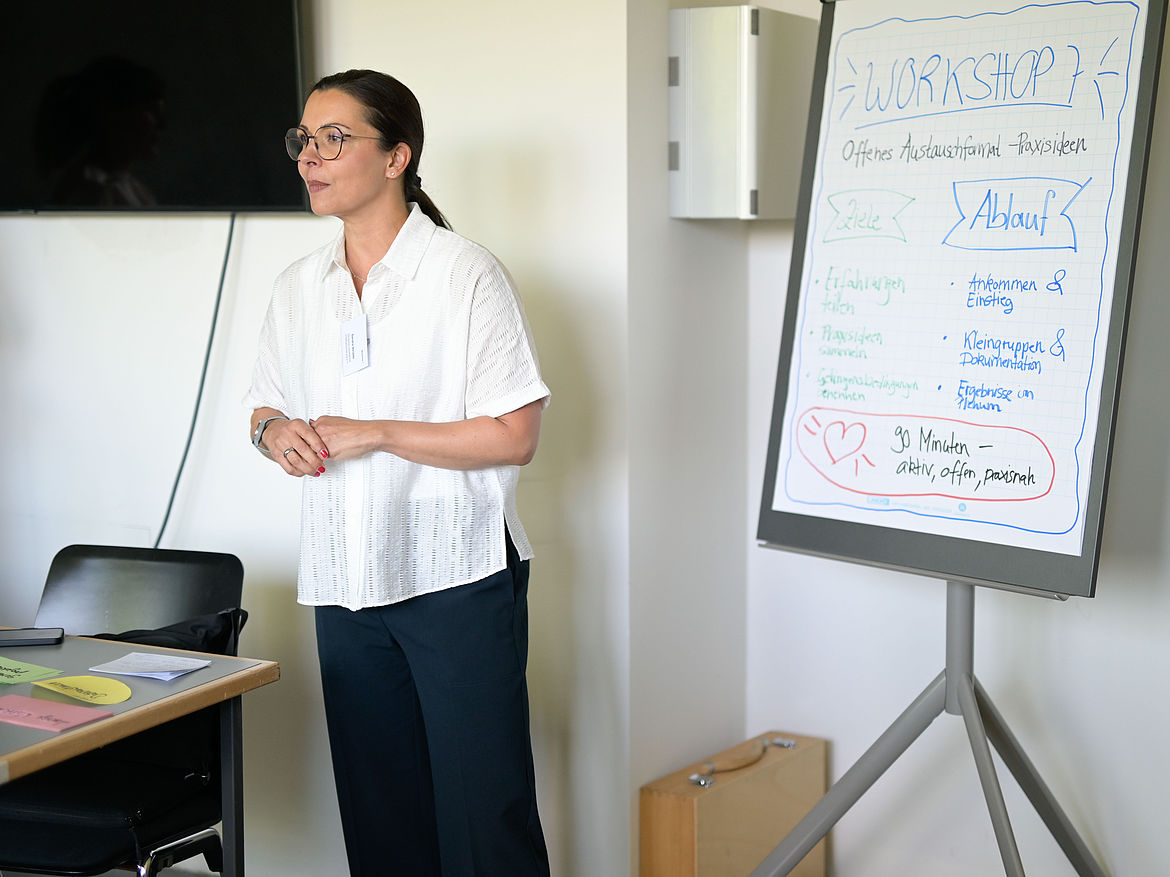 Impression aus Workshop 7 „Offenes Austauschformat – Praxisideen und Impulse“ Eine Workshop-Moderatorin steht an einem Flipchart.